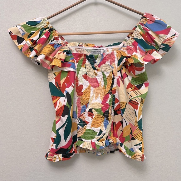 New York & Company Ruffle Shoulder Blouse, Tropical print Sz M - Picture 5 of 6